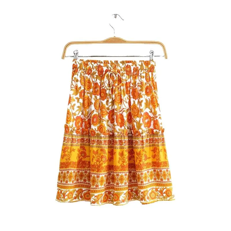 Saias saia de verão feminina Bohemian Cantura elástica de algodão A linha vestidos