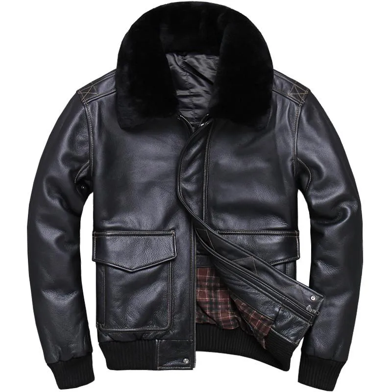 DHgate Genuine Cowhide Leather Mens Winter Pilot Jacket Black Faux Wool Collar Thick Russian Military Aviation Bomber Coat Apparel