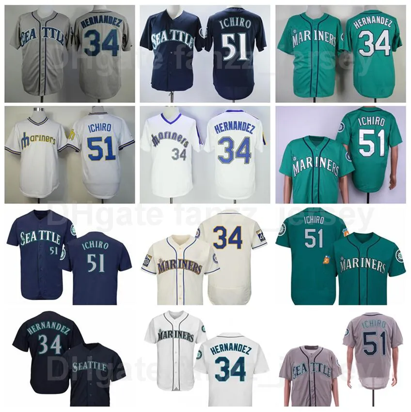 Uomo 1984 1995 Maglia vintage da baseball retrò 51 Suzuki Ichiro 34 Felix Hernandez Flexbase Cool Base Tutto cucito Colore della squadra Verde Bianco Grigio Beige Blu navy