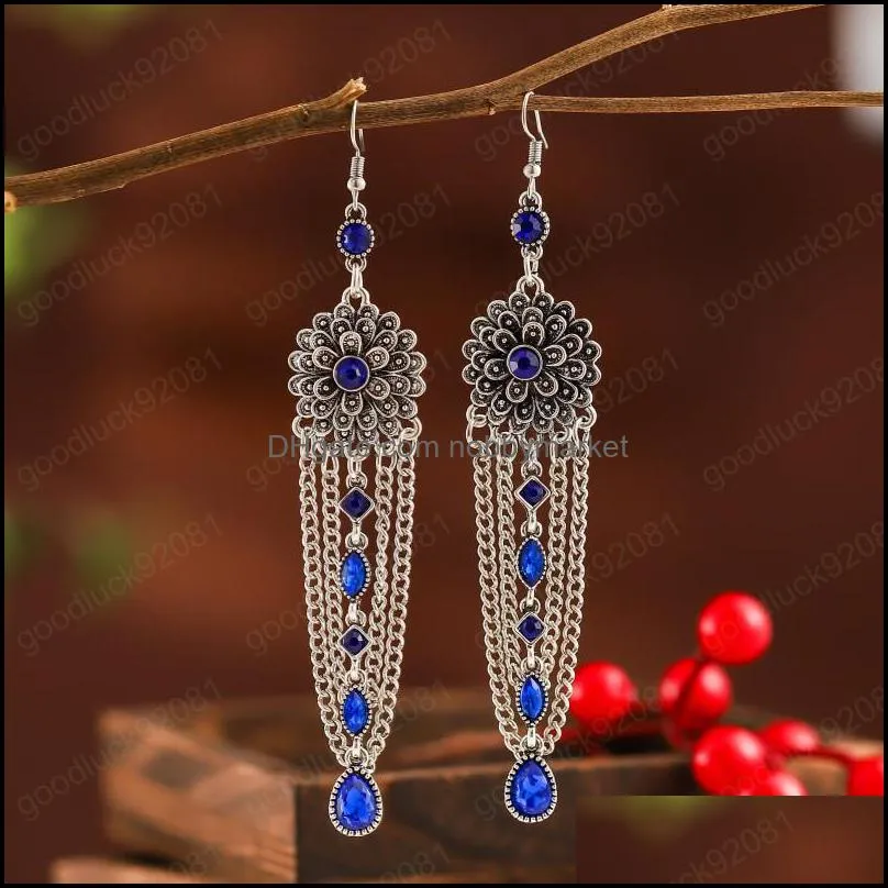 Jhumka Retro Flower Long Tassel Earrings Pendientes Mujer Hangers Fashion Rhinestone Dangle Earrings Bohemian Women Ear Jewelry