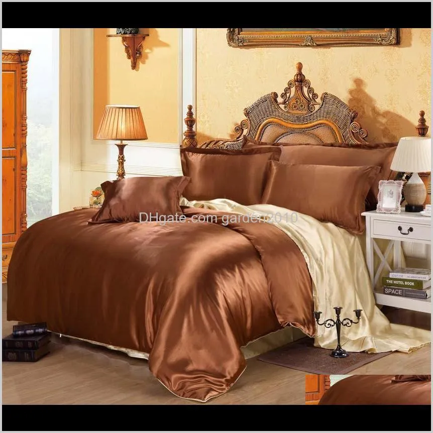 luxury satin silk bedding sets duvet cover flat fitted sheet twin full queen king size 4pcs/6pcs linen set black 100%golden 48