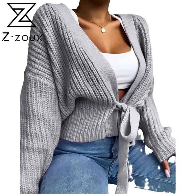 Femmes pull à manches longues col en V tricoté à lacets évider Cardigan hauts amples automne hiver mode 210513