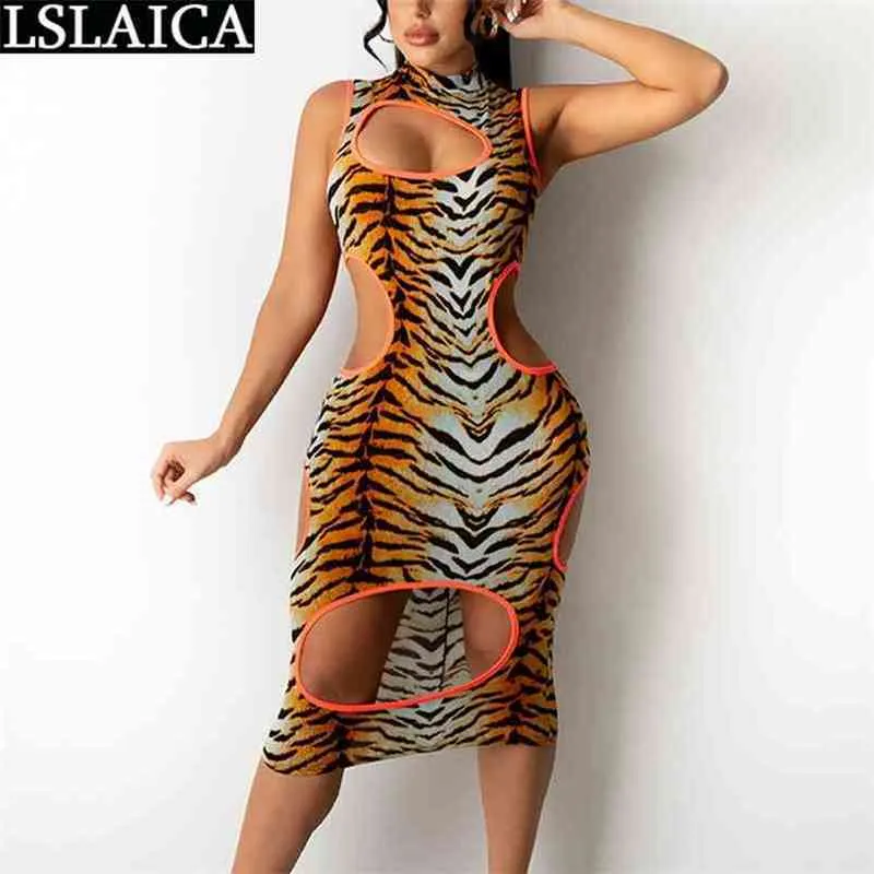 Plus Size Vestidos Sem Mangas Leopardo Imprimir Hole Hollow Out Cintura Alta Verão Verão Elegante Party Club Mulheres Moda 210515