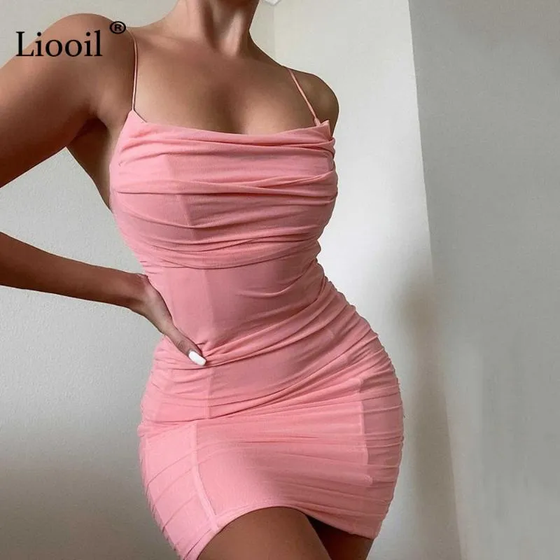 Casual Dresses Liooil Sexig Ruched Bodycon Mini Dress Women 2021 Spaghetti Strap Ärmlös Backless Drawstring Khaki Party Tight Short