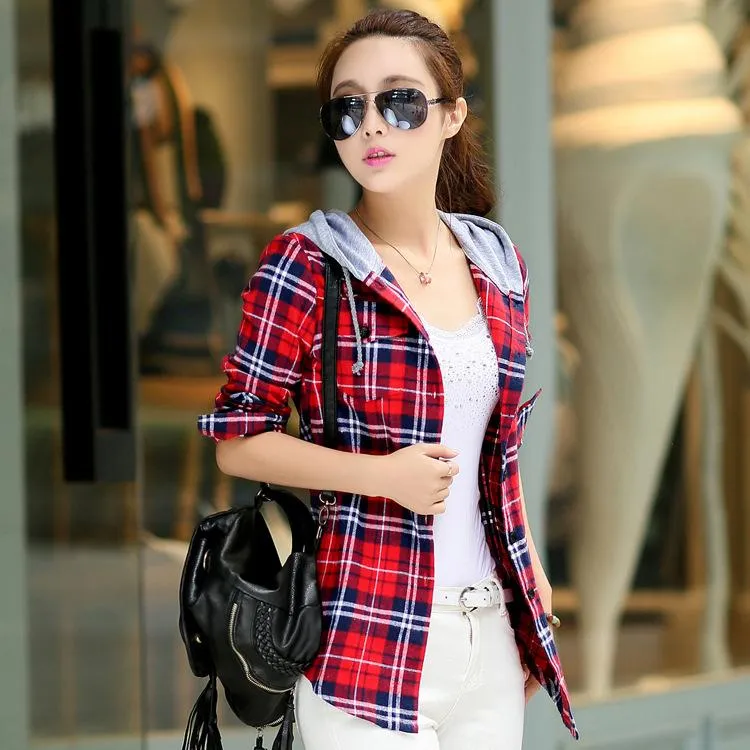 Women's Blouses & Shirts 2022 Casual Red Plaid Blouse Shirt Women Spring Long Sleeve Hooded Blusas Female Flannel Top Outerwear