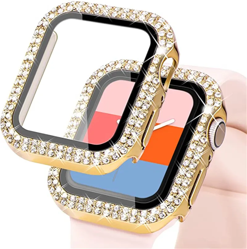 Dual Bling Diamond Protective PC Bumper Case 360 ​​Полная крышка закаленного стекла Защитник экрана для Apple Watch Iwatch серии 6 5 4 3 2 44 мм 42 мм 40 мм 38 мм Нет пакета