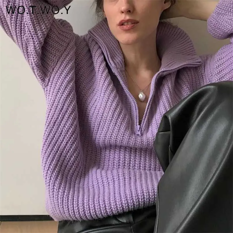 WOTWOY Autumn Winter Thickening Knitted Sweater Women Casual Zipper Polo Collar Loose Pullovers Female White Jumper 211007