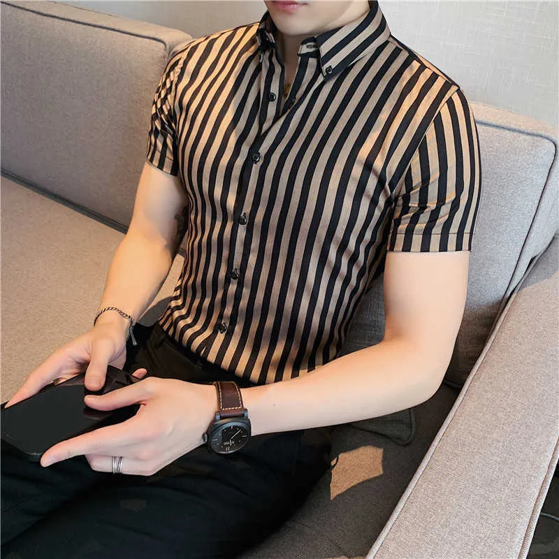 Summer Striped Shirts Men Short Sleeve Business Casual Shirt Luxury Classic Slim Fit Social Party Dress Shirts Male Clothes 210527
