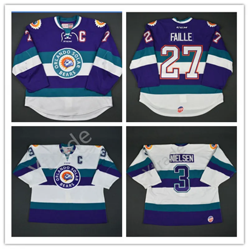 Personalizar CCM ECHL Orlando Solar Bears 3 Carl Nielsen Jersey 27 Eric Faille 29 David Bell Jerseys Vintage Hockey Home Away White Purple Any Nombre S-5XL