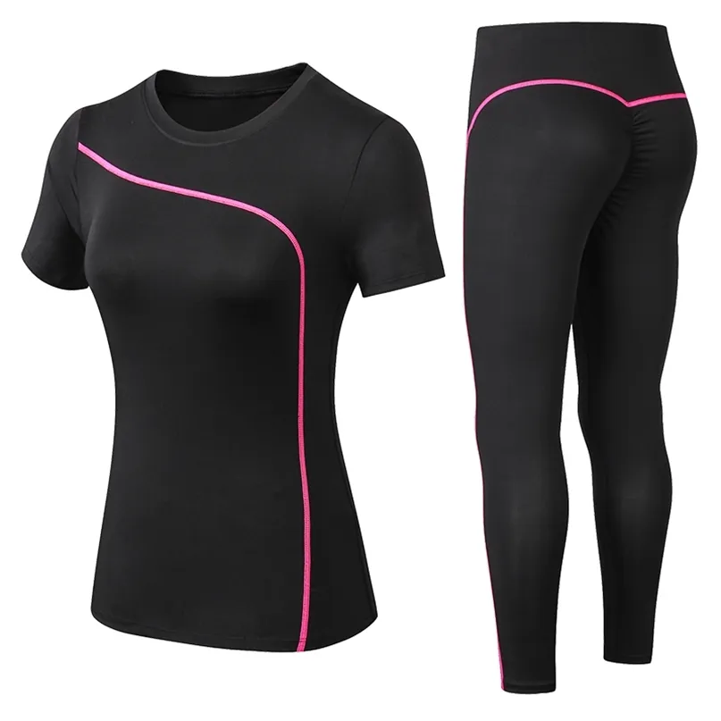 Set da yoga Quick Dry 2 pezzi Pantaloni lunghi a maniche corte da donna Abbigliamento sportivo da esterno Tuta da fitness Taglie forti Completo sportivo per donna 210813