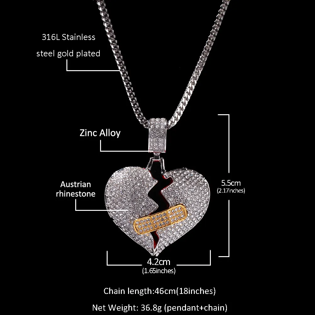 Хип-хоп Новая Полная алмазная группа помогает Разбитое сердце Подвеска Сердце Сплав Ожерелье OK Напряжение любви