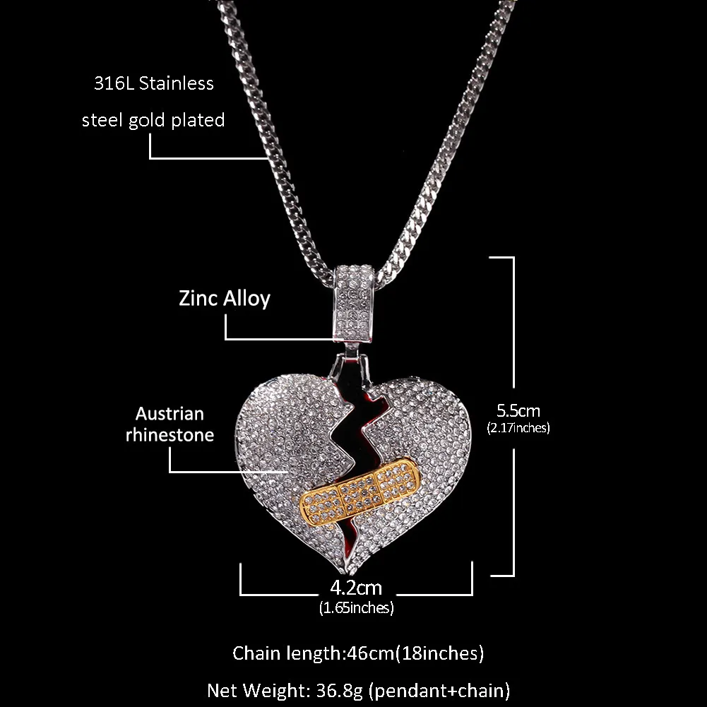 Hip Hop Nieuwe Volledige Diamond Band Hulp Gebroken Hart Hanger Gebroken Hart Legering Ketting Ok Tension Love Hanger