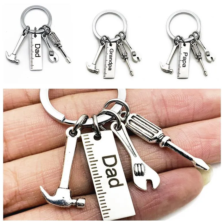 Father's Day Key Holder Ring Jewelry Cartoon Stainless Steel Keychain Papa Grandpa Hammer Screwdriver Wrench Ruler Dad Tools Charms