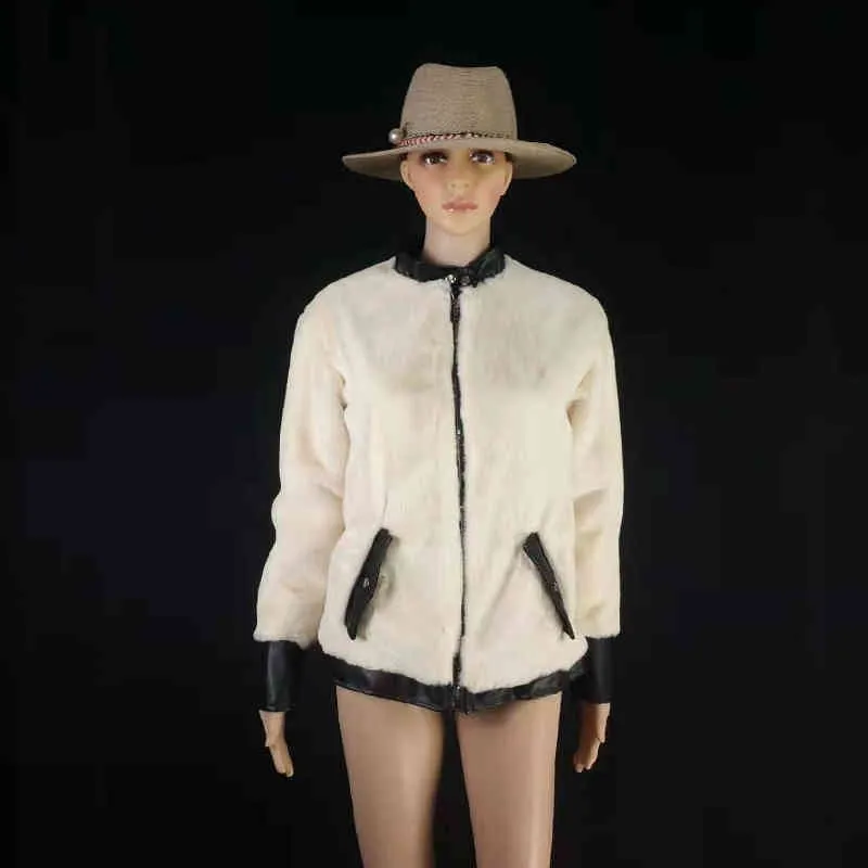 ウサギの毛皮のコート女性の完全な単一のジッパースタンドカラー模造着211207