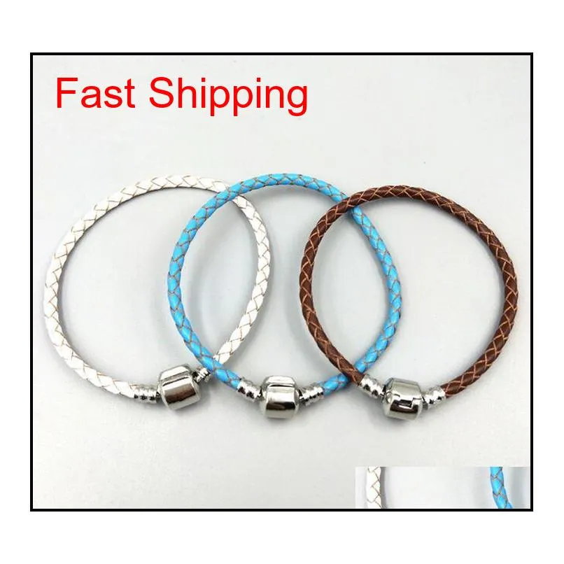 high quality fine jewelry woven 100% genuine leather bracelet mix size 925 silver clasp bead fits  charms bracelet diy marking