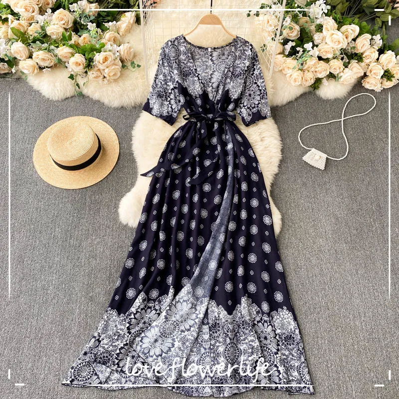 Summer Korean Fashion Bohemian Beach Long Dress Women Retro Print Wrap Dress V Neck Short Sleeve Lace Up A-line Dress 210521