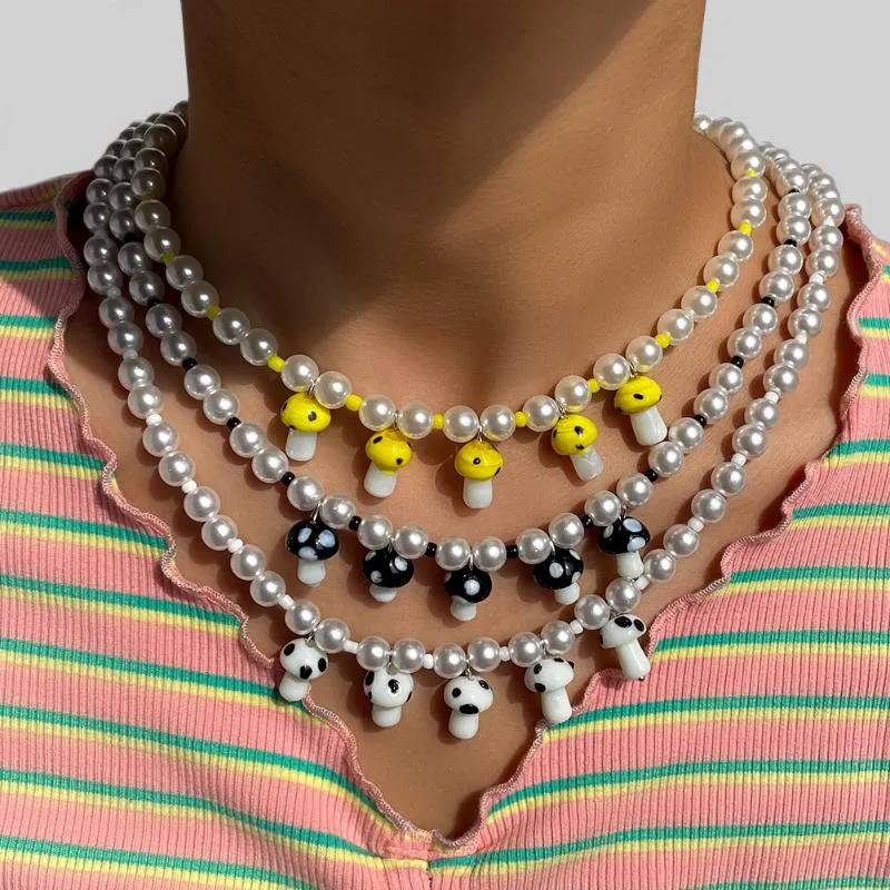 Chains Korea Cute Multicolor Acrylic Mushroom Pearl Beaded Necklace For Women Girls Handmade Imitation Pearls Choker Necklaces Jewelry