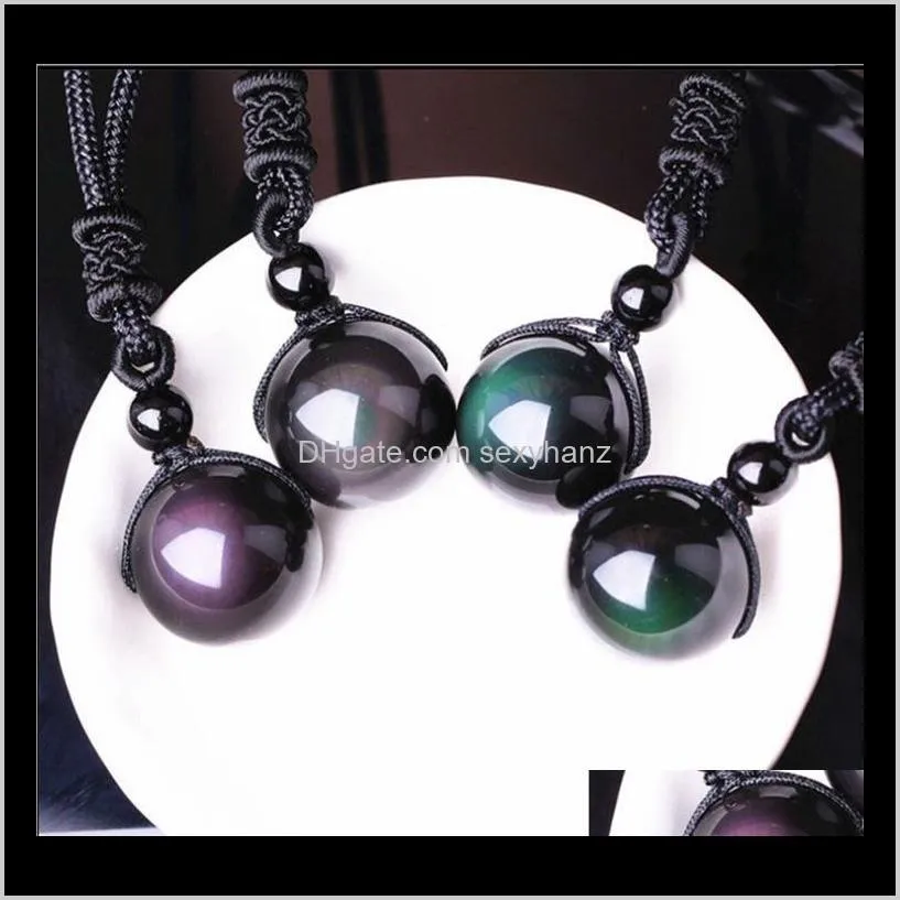 10mm natural stone black obsidian rainbow eye beads ball pendant transfer lucky love crystal jewelry with rope for women and men