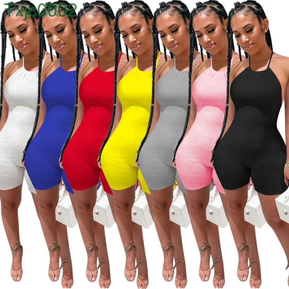 Mulheres Jumpsuit Designer Slim Sexy U-pescoço Verão Pendurado Pescoço Uma Peça Calças Calções Moda Strapping Rib Abrir Voltar Macacos 7 Cores