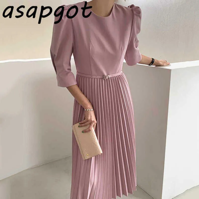 Temperament Spring Chic Korean Elegant Pink O Neck Half Sleeve Pleated Dress with Belt Loose Puff Short Sleeve Vestidos Mujer 210610