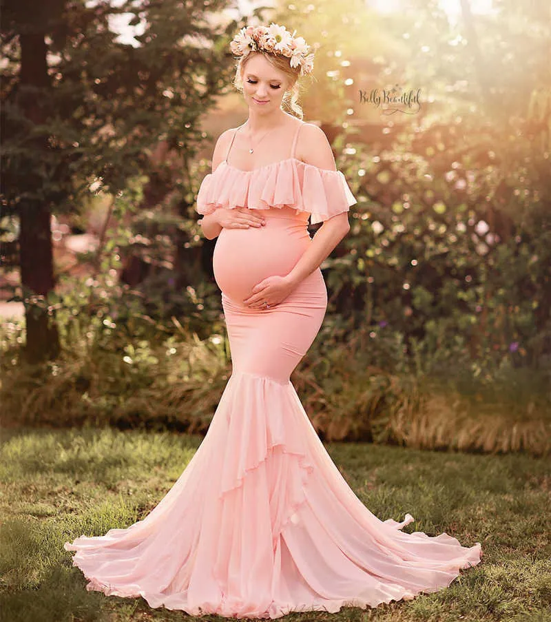 Mermaid Maternity Dresses For Photo Shoot Pregnant Women Ruffles Pregnancy Dress Photography Props Off Shoulder Maternity