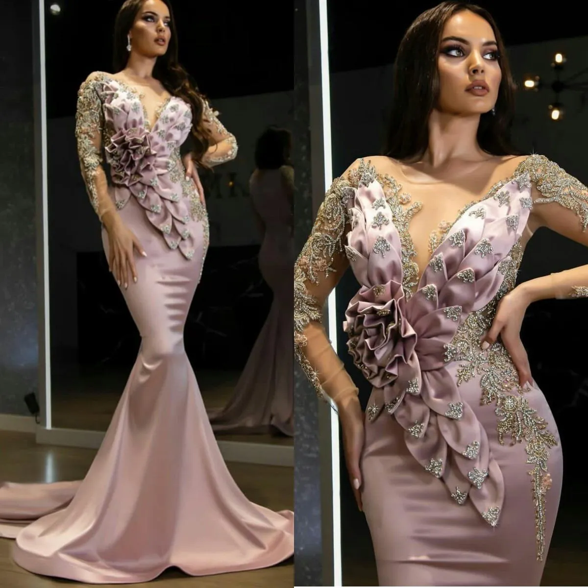 Błyszczący frezowanie Syrenki Suknie Wieczorowe Sheer V Neck Z Długim Rękawem Ręcznie Made Flowers Prom Dress Girls Pageant Red Carpet Fashion Stroje