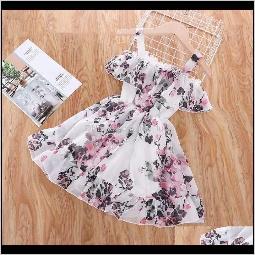Kids Baby Girls Fashion Off Shoulder Floral Print Dress Stylish For Children Dairy Wear Girl`s Dresses