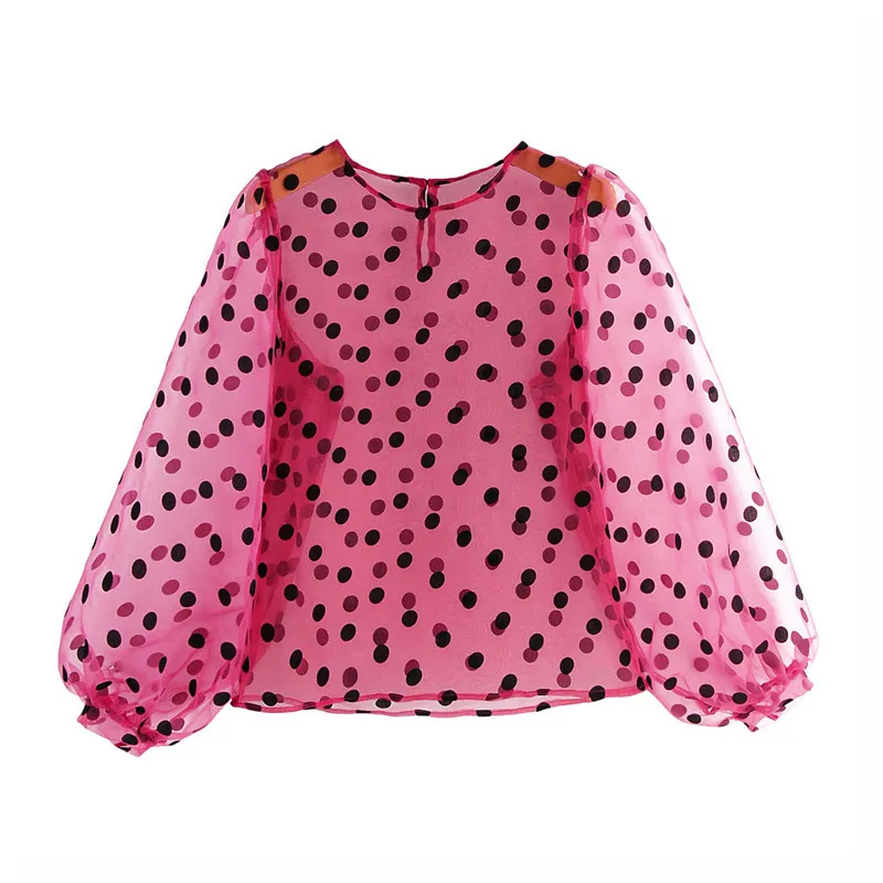 Camicetta rossa chic a pois da donna Camicie con maniche a lanterna O collo Camicie da ufficio femminili top blusas 210430