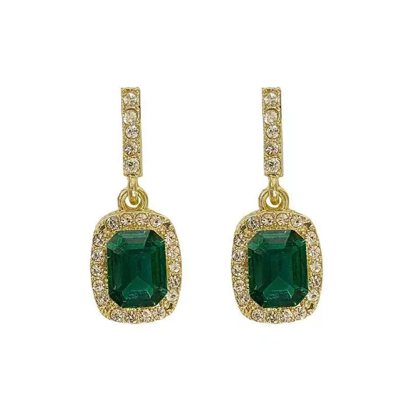 S2789 Fashion Jewelry S925 Silver Post Earrings For Women Retro Design Geometric Emerald Square Diamond Rhinestone Dangle Stud Earrings