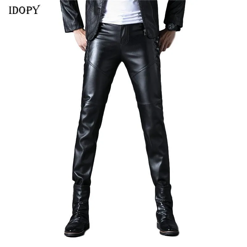 Pantalon Homme Idopy Homme Faux Cuir Noir Moto Biker Boutons Latéraux Cool PU Pantalon Pour Homme