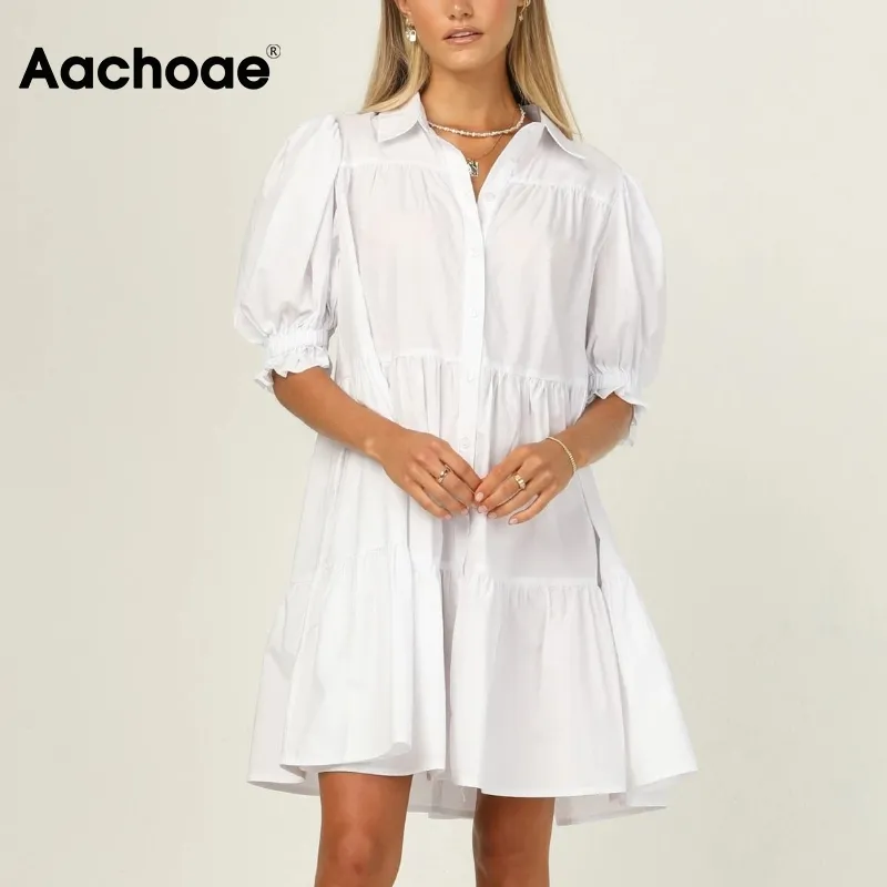 Сладкие оборманы белые мини женские лето лето линии слойки с коротким рукавом элегантные платья поворачивают рубашку рубашки 210413