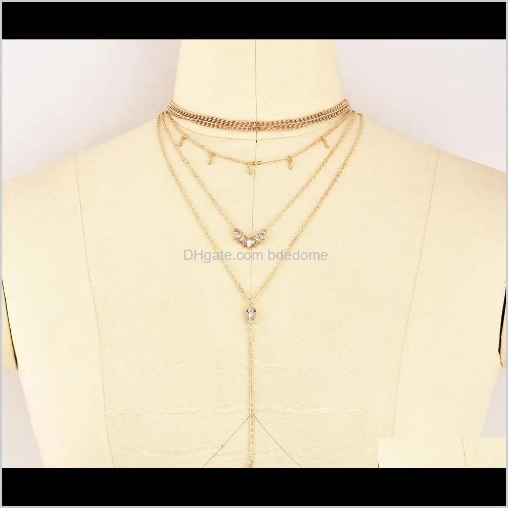 hot sale multi layer necklace two layer chain choker water-drop imitation diamond pendant metal chain gold plated