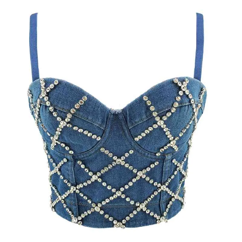 Mode Diamant Denim Crop Top Sexy Glitter Top Strass Femme Corset Party Club Festival Vêtements 210616