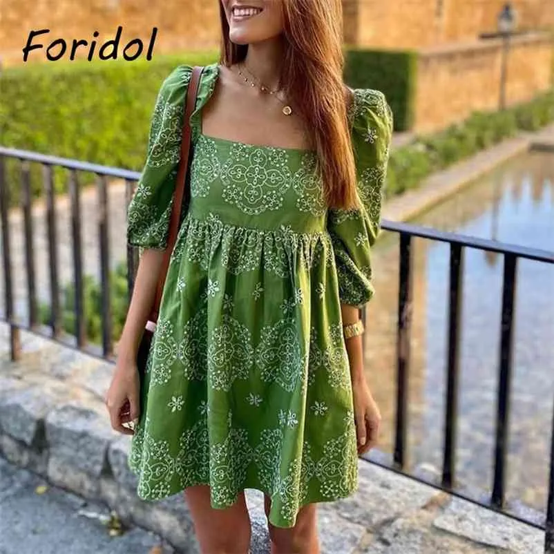 Foridol EmbrioDery Yeşil Yaz Elbise Oymak Kadın Puf Kol Casual Gevşek Kısa Mini Boho Elbise Vintage Elbise 210415