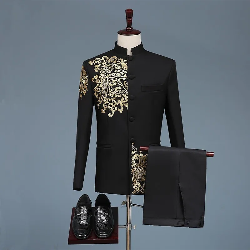 Zwart Wit Herenpakken Chinese stijl Gouden Borduursel Blazers Prom Host Stage Outfit Zanger Teams Koor Bruiloft DS Kostuum 220310