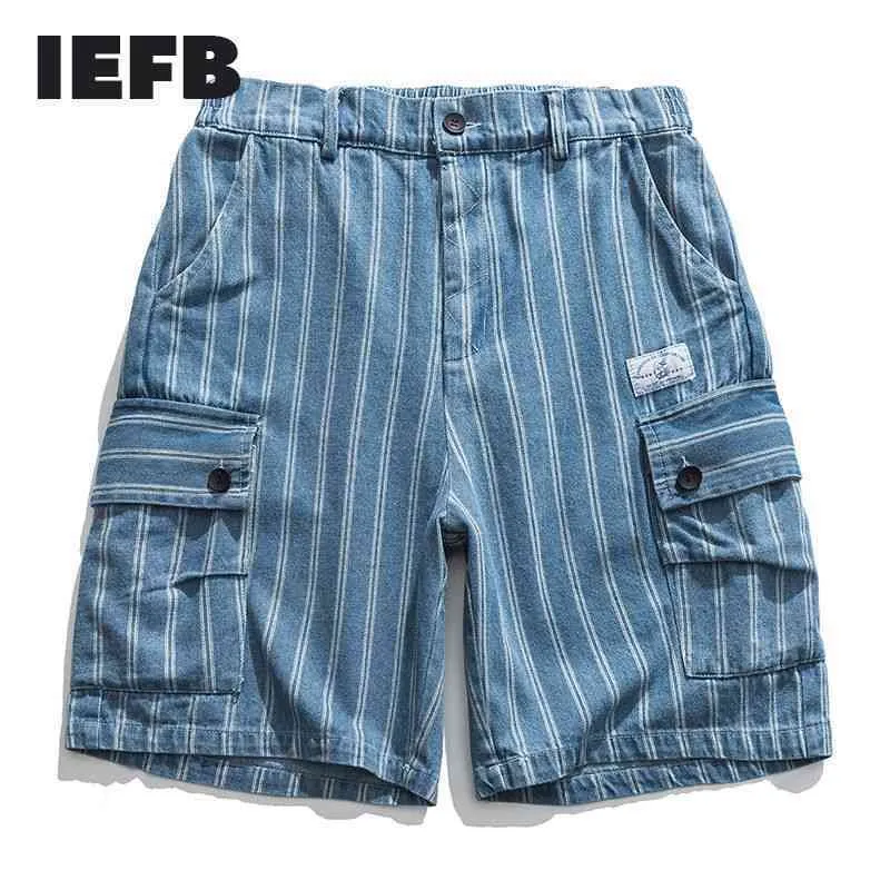 IEFB Blue Stripe Navy Shorts Pantalons de survêtement élastiques Double poches Jambe large Cusual Genou Longueur Pantalon pour hommes Été 9Y7386 210524