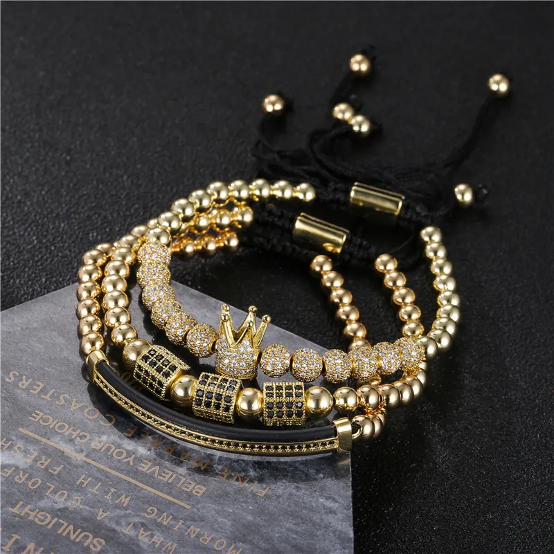 3 stks / set Mannen Woman Gold Hip Hop Armband Sieraden Moon Crown Charms Macrame Kralen Armbanden Sets voor Dames Pulseira Masculina