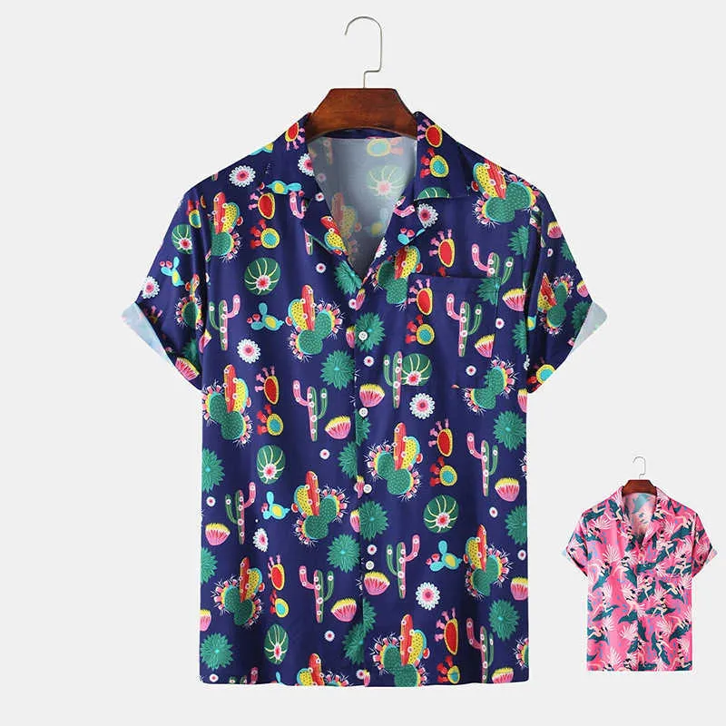 [Anpassad] Mode Hawaiian Shirt Mens Beach Rolig stil Kaktus Tryckt Kortärmad Rosa T-shirts Män Koreanska Kläder 210527