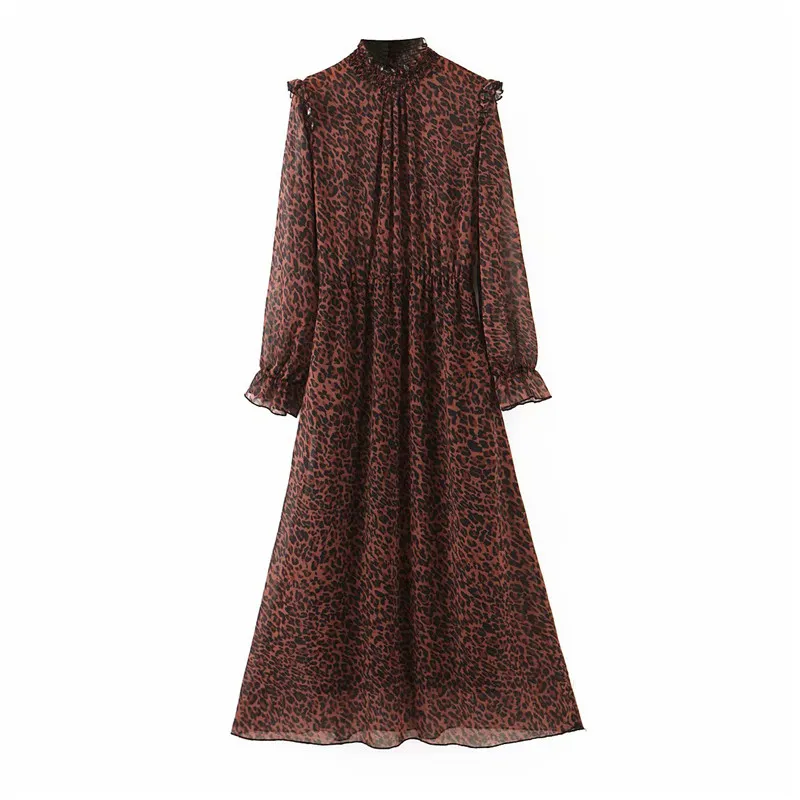 Vintage leopard print pleated midi dress Women animal pattern long sleeve ruffles elastic waist casual dresses vestidos 210430