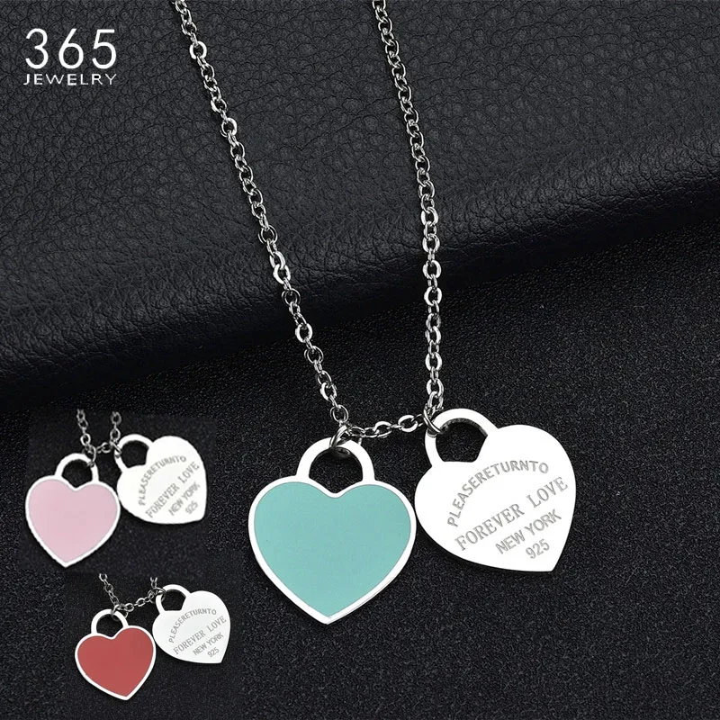 Fashion Accessories Enamel Double Heart Pendant Stainless Steel Necklace FOREVER LOVE Letter Necklace Wedding Gift250U