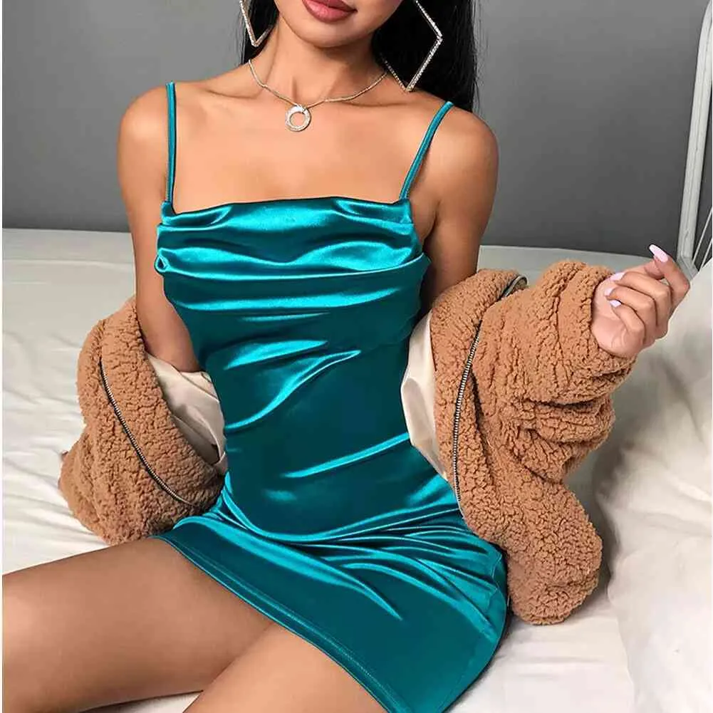 Damska pasek spaghetti Vintage Lato Draped Satin Silk Bodycon Slim Party Evening Mini Dress 210419