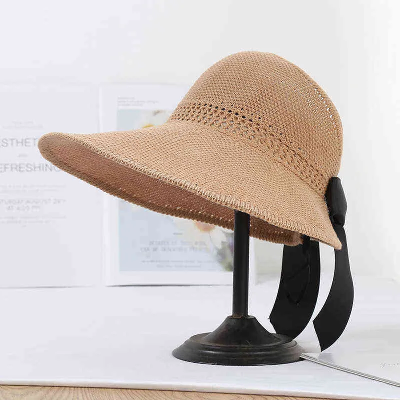 Womens Straw Sun Hat With Bow Floppy Beach Sunscreen Cap With Hollow