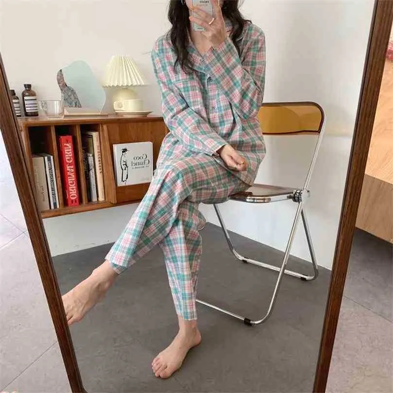 Kvinnor Vintage Plaid Fashion Spring Gentle Casual Högkvalitativ Koreansk Lös All Match Femme Pajamas Sets 210525