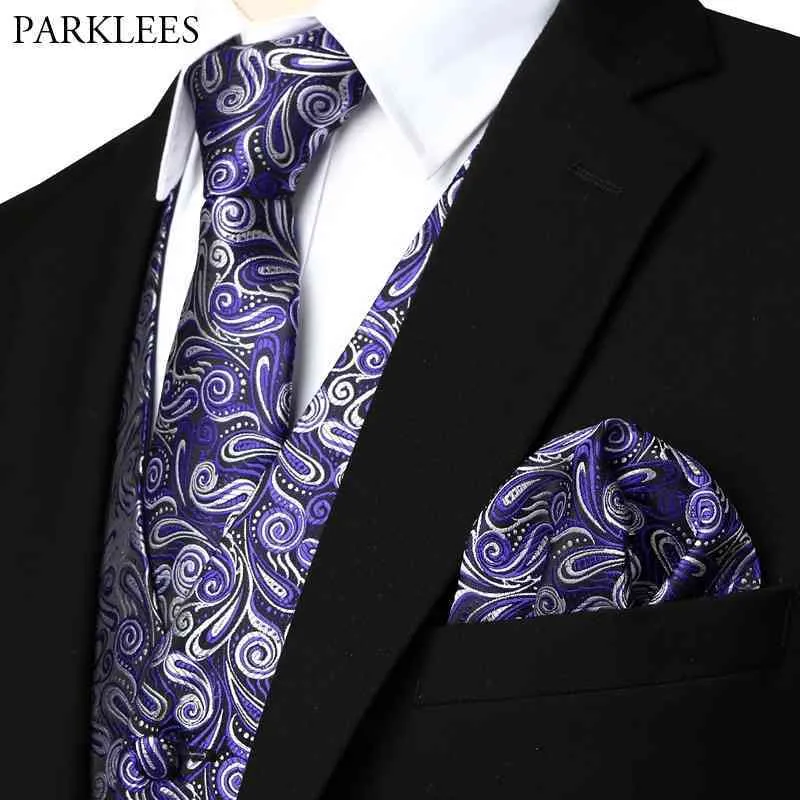 Фиолетовый Пейсли Цветочный жаккардовый 3шт жилет + галстук + носовой платок набор тонкий подходящий мужской смокинг жилет для вечеринки свадьба Gilet Homme 210522