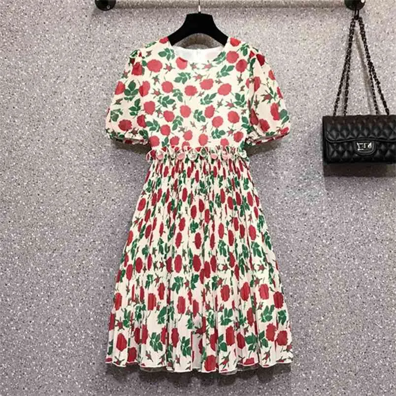 Aankomst vrouwen mode bloem print korte mouw geplooide jurk elegante vrouw midi vakantie partij vestidos 210519