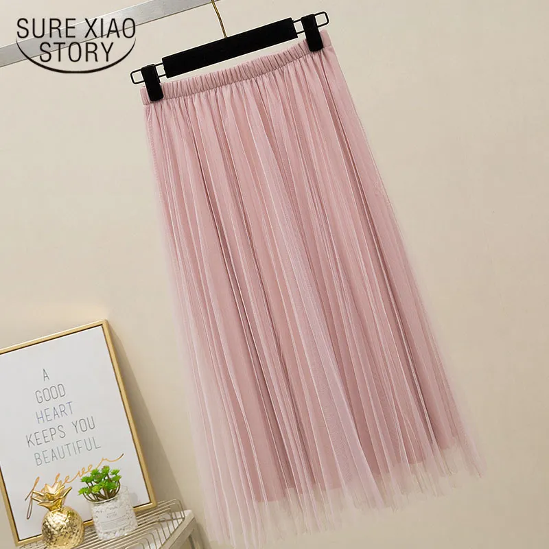 Summer Elegant Sweet Fairy Pleated Women Skirt Elastic Thin Apricot Gray Pink Black Long s Solid Tulle 9585 210508