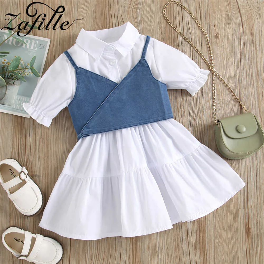 Zafille Stylowa Dziewczyna Party Dress Solid Girl Drelich Koszulki Lace Up Top and Girl White Dress Toddler Dzieci Odzież dziecięca Q0716