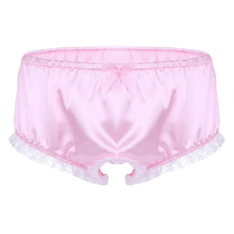 Baby Pink Satin Floral Silky Sissy Frilly Lace Bikini Tanga Knickers Briefs