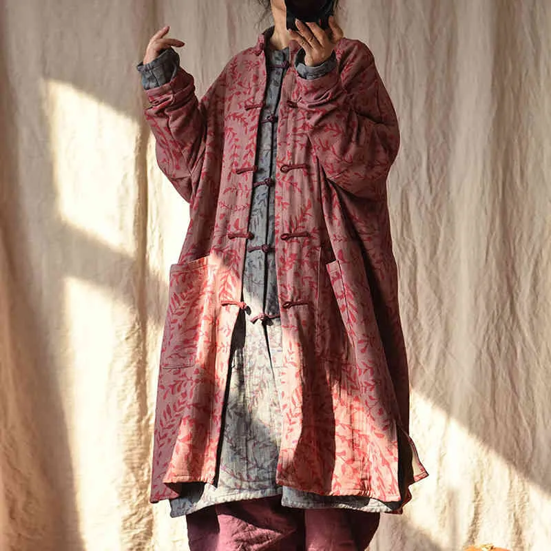 Johnature algodão linho vintage impressão solta plus size windbreaker mola bolsos retrô mulheres 3 cores casaco longo 210521
