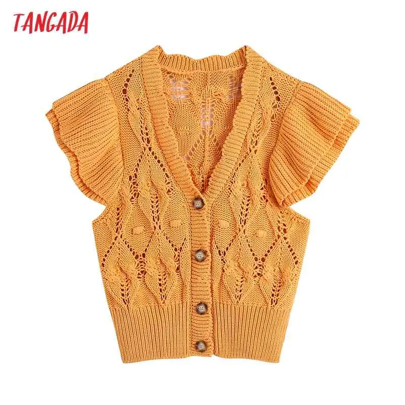 Kobiety Vintage Orange Twist Oversized Kamizelka z dzianiny Turtleck Sweter Ruffles Rękawem Kobiet Kamizelka Top BE576 210416